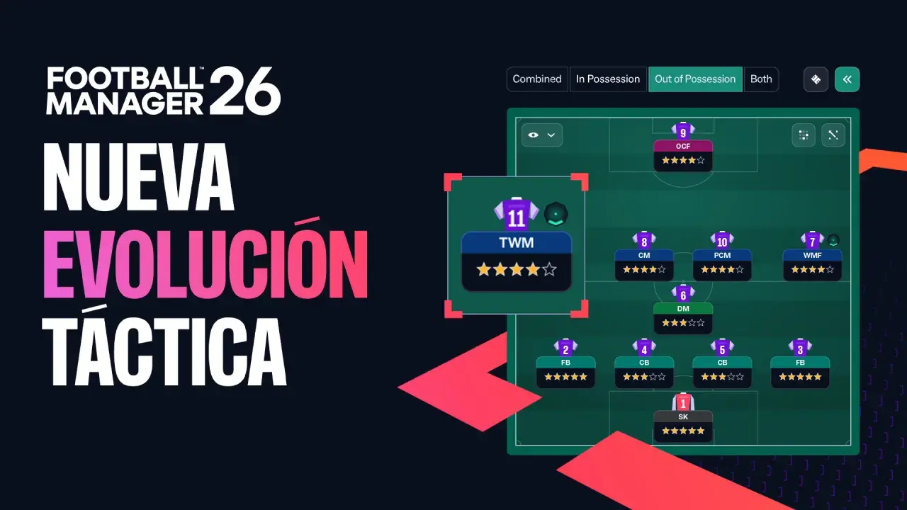Football Manager 2026: Nueva Evolución Táctica. Pantalla de tácticas con formación de jugadores y roles.