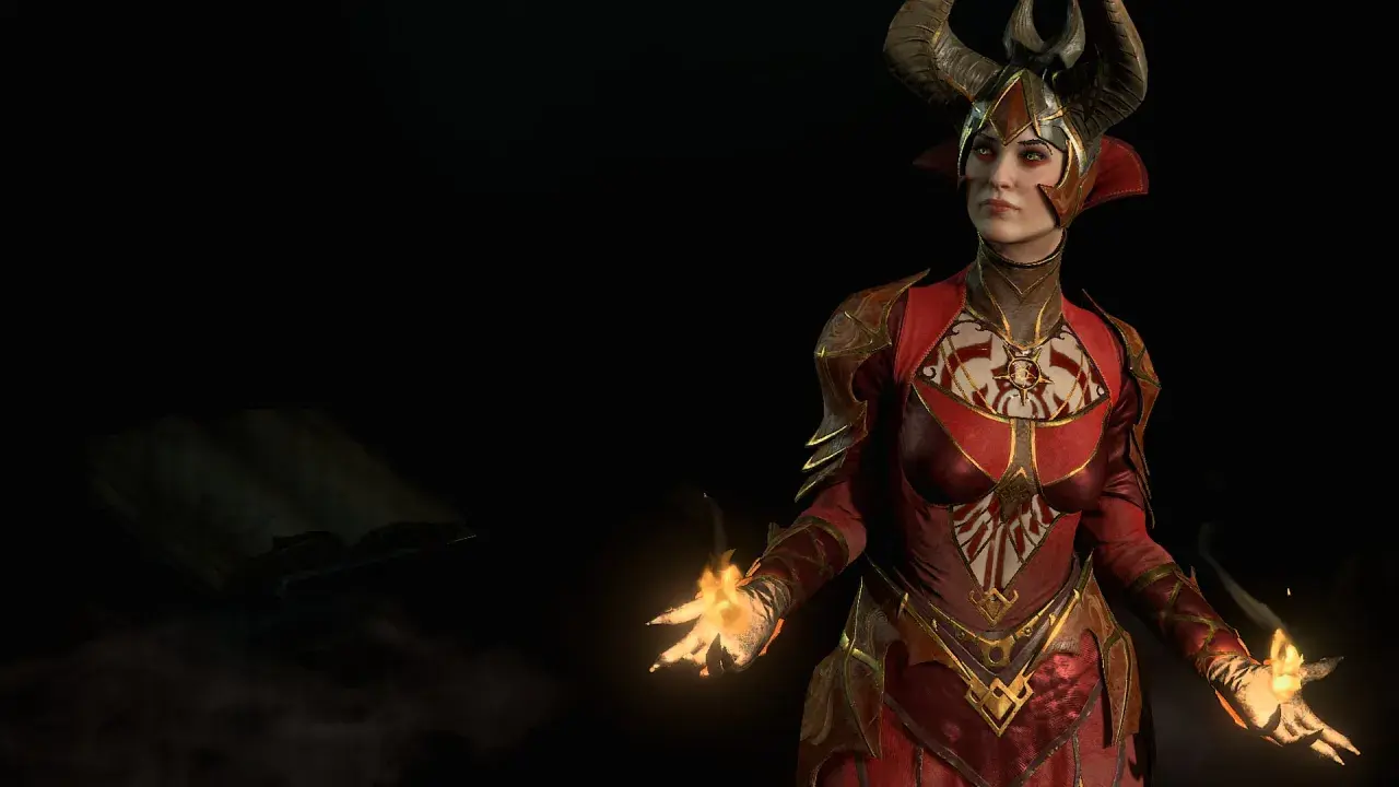 Hechicera con cuernos y armadura roja, conjurando fuego. Un libro antiguo flota cerca. build hechicero diablo 4.