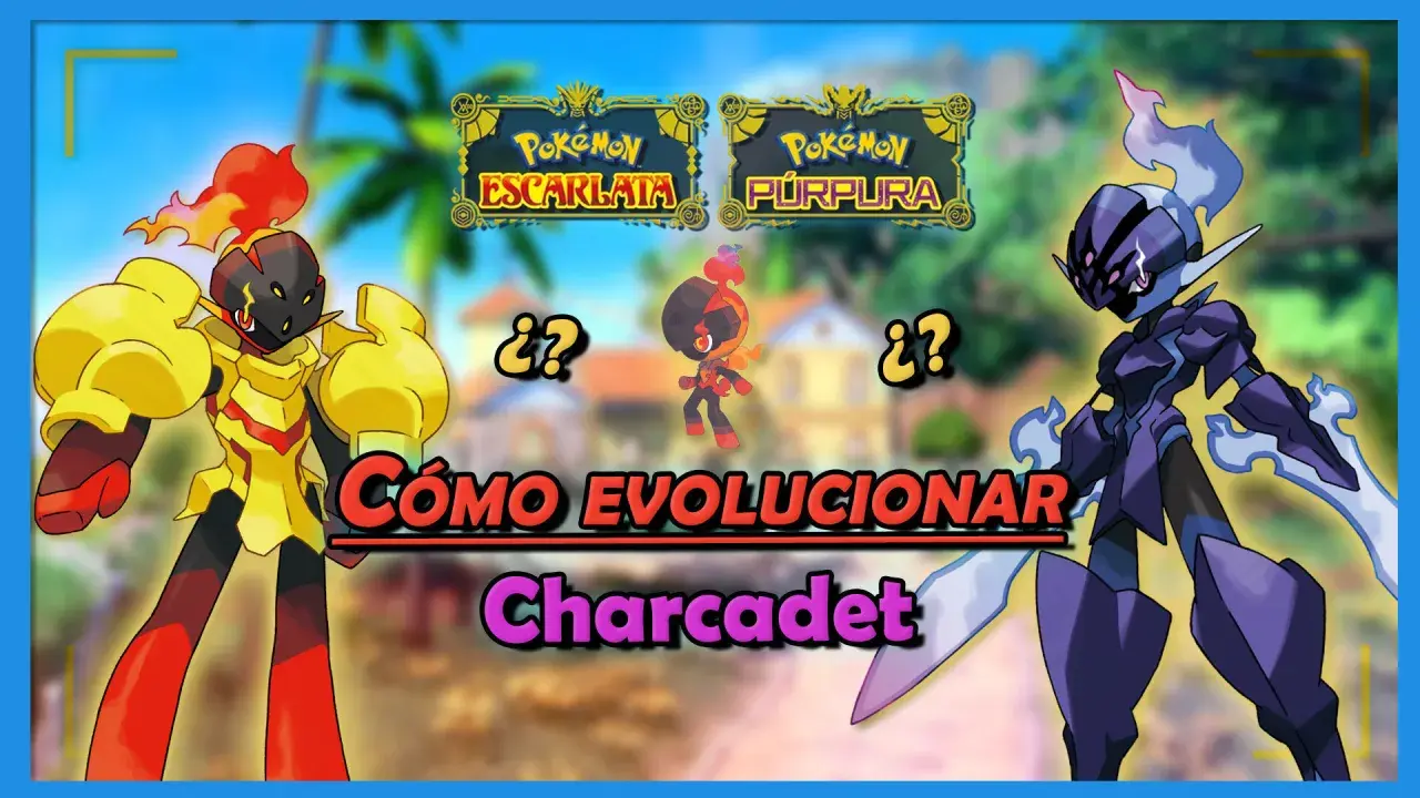 Charcadet evolucion: dos Pokémon armados, uno amarillo y otro morado, flanquean a su forma base.