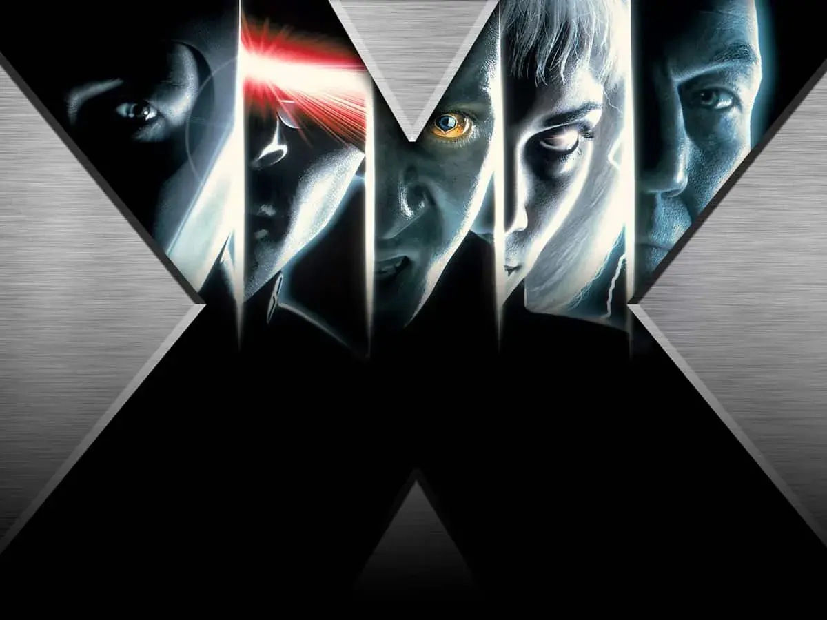 Los rostros de los X-Men, incluyendo a Cíclope disparando su rayo óptico, se muestran en un diseño con la letra "X".