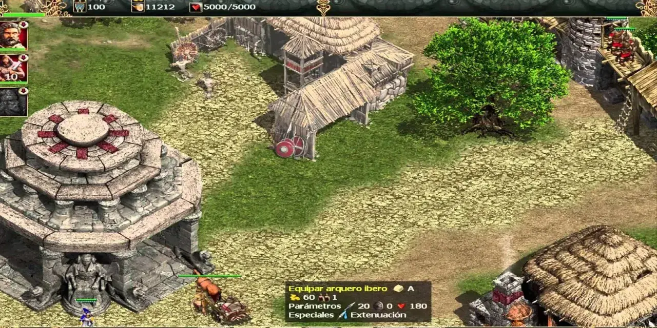 Un asentamiento en Imperium 3, con un templo de piedra, casas de paja y un árbol frondoso. ¡Descubre trucos para dominar el juego!