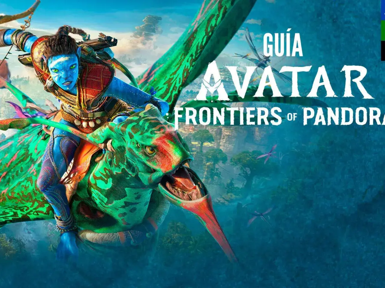 Guía de Avatar: Frontiers of Pandora. Un Na'vi surca los cielos de Pandora sobre una criatura alada, explorando el mundo del juego.