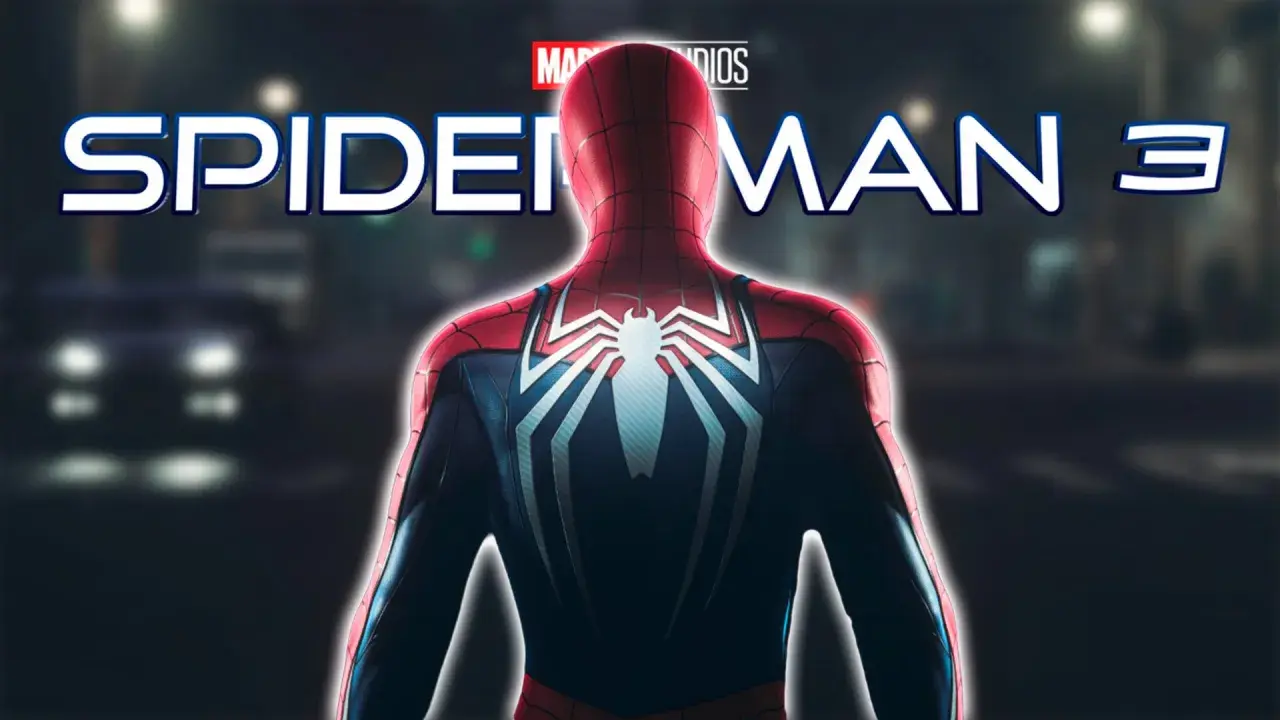 El traje de Spiderman 3 PS5 se ilumina en la noche, listo para la acción.