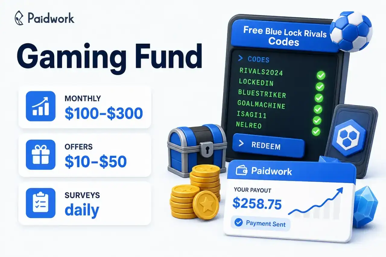 Gana dinero con Paidwork y obtén códigos de Blue Lock Rivals. Gana hasta $300 mensuales, $10-$50 por ofertas y encuestas diarias.
