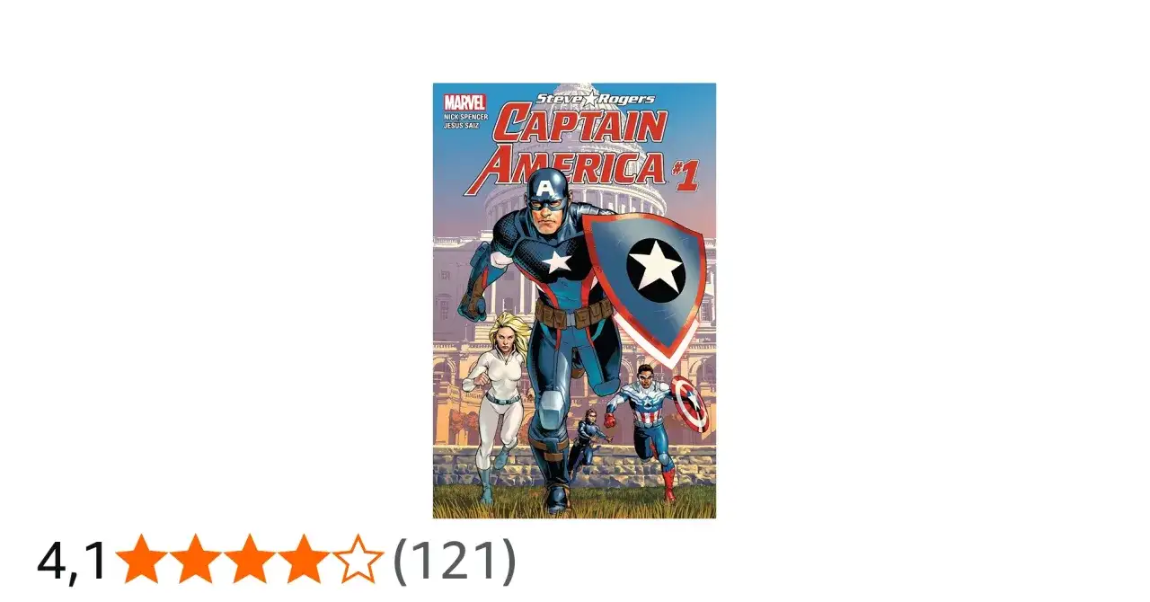 Portada del cómic "Captain America" de Steve Rogers, con él y otros héroes corriendo frente a un edificio gubernamental.