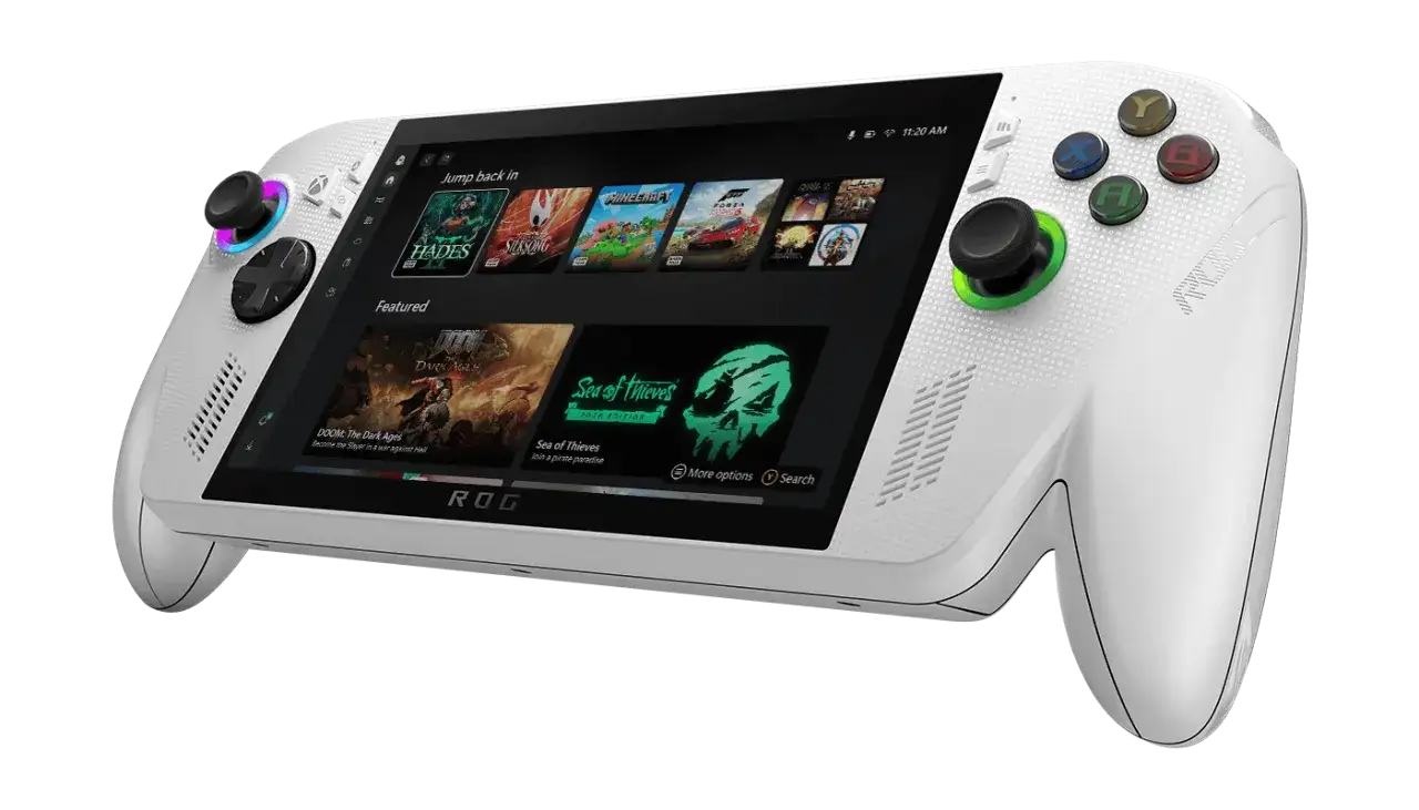 Consola blanca con pantalla táctil mostrando juegos de Xbox, lista para jugar en cualquier lugar. Un verdadero **xbox portátil**.