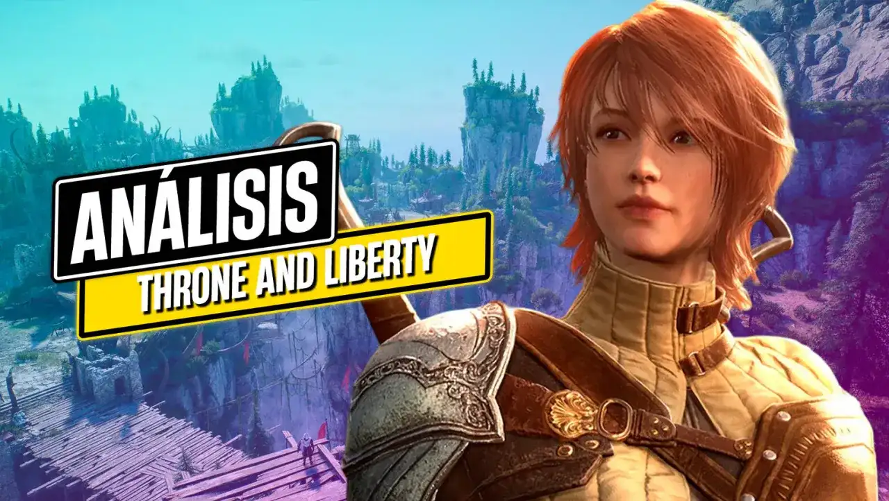 Análisis de Throne and Liberty: una guerrera con armadura se alza ante un paisaje de fantasía con islas flotantes y bosques.