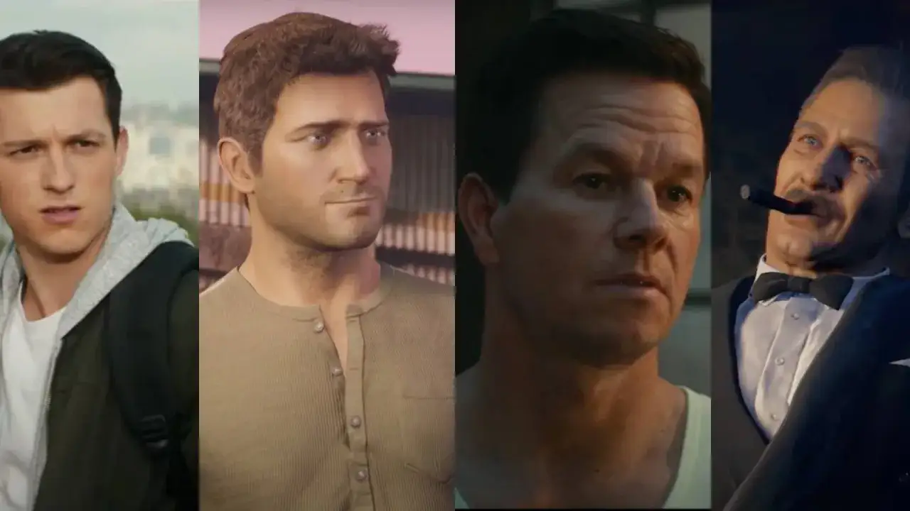 Cuatro personajes de la pel&iacute;cula Uncharted 2: Tom Holland, Nathan Drake (renderizado), Mark Wahlberg y un hombre con bigote fumando un puro.