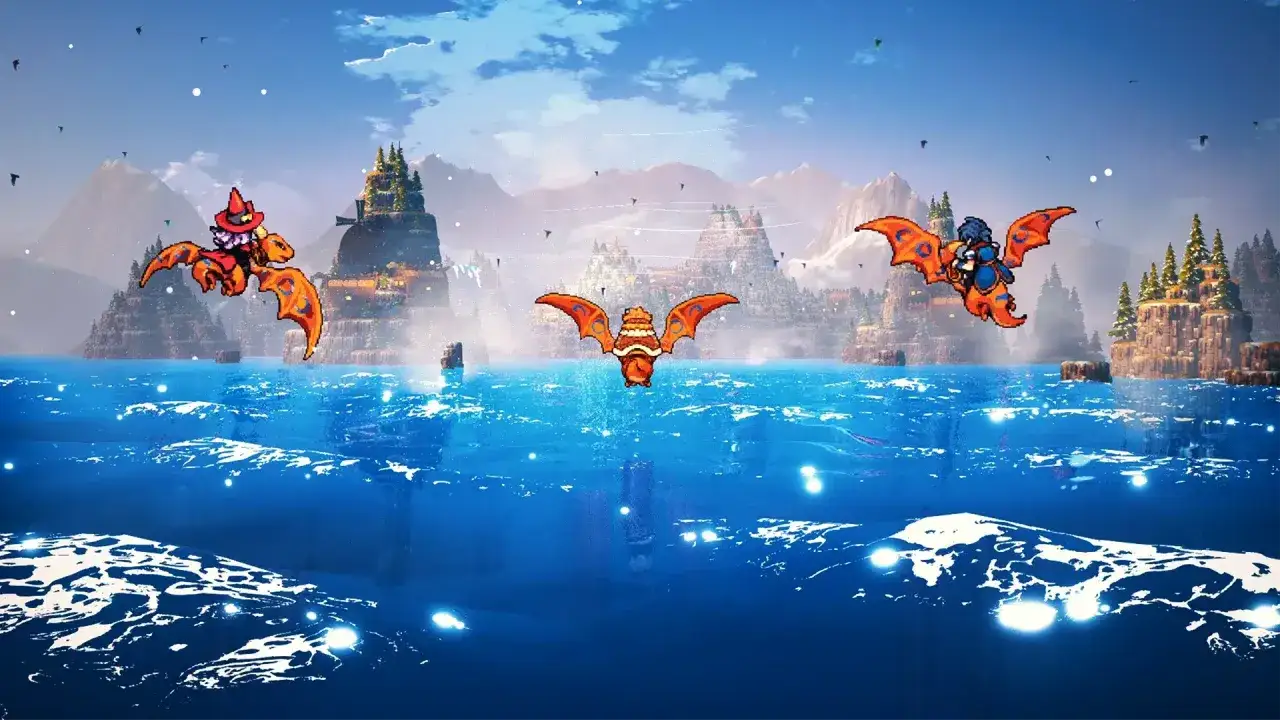 Tres criaturas aladas pixeladas vuelan sobre un mar azul brillante, con castillos fant&aacute;sticos en islas monta&ntilde;osas al fondo. &iexcl;Una escena que evoca los mejores juegos pc!