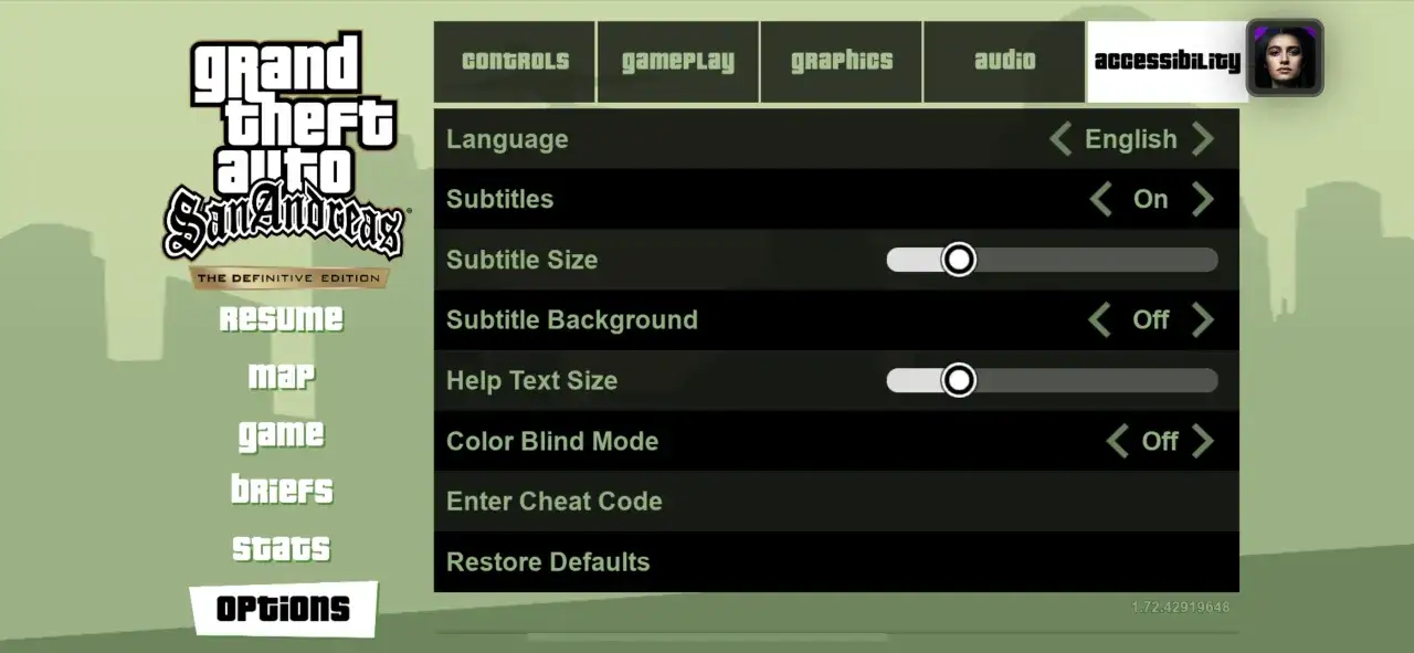 Men&uacute; de opciones de Grand Theft Auto: San Andreas Definitive Edition en PS5. Aqu&iacute; puedes activar trucos San Andreas PS5 y ajustar la configuraci&oacute;n.