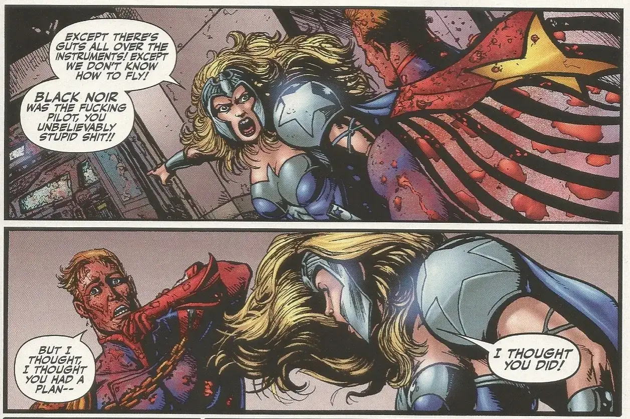 La superhero&iacute;na rubia, cubierta de sangre, se enfrenta a los chicos. Uno de ellos, herido, dice: 