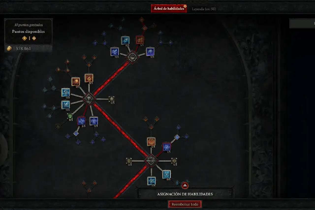 &Aacute;rbol de habilidades de hechicero en Diablo 4. Muestra la progresi&oacute;n de habilidades con puntos disponibles y gastados.