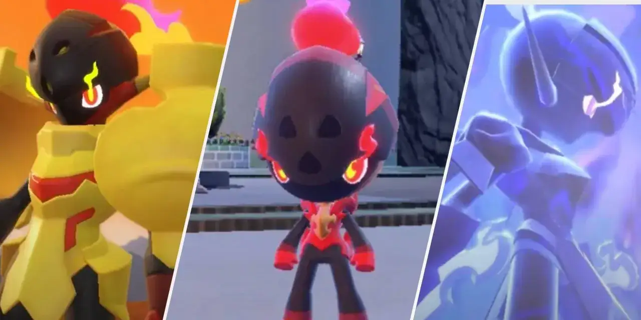 Tres Pok&eacute;mon: uno amarillo con armadura, otro negro con calavera y fuego, y uno azul et&eacute;reo. La charcadet evolucion.