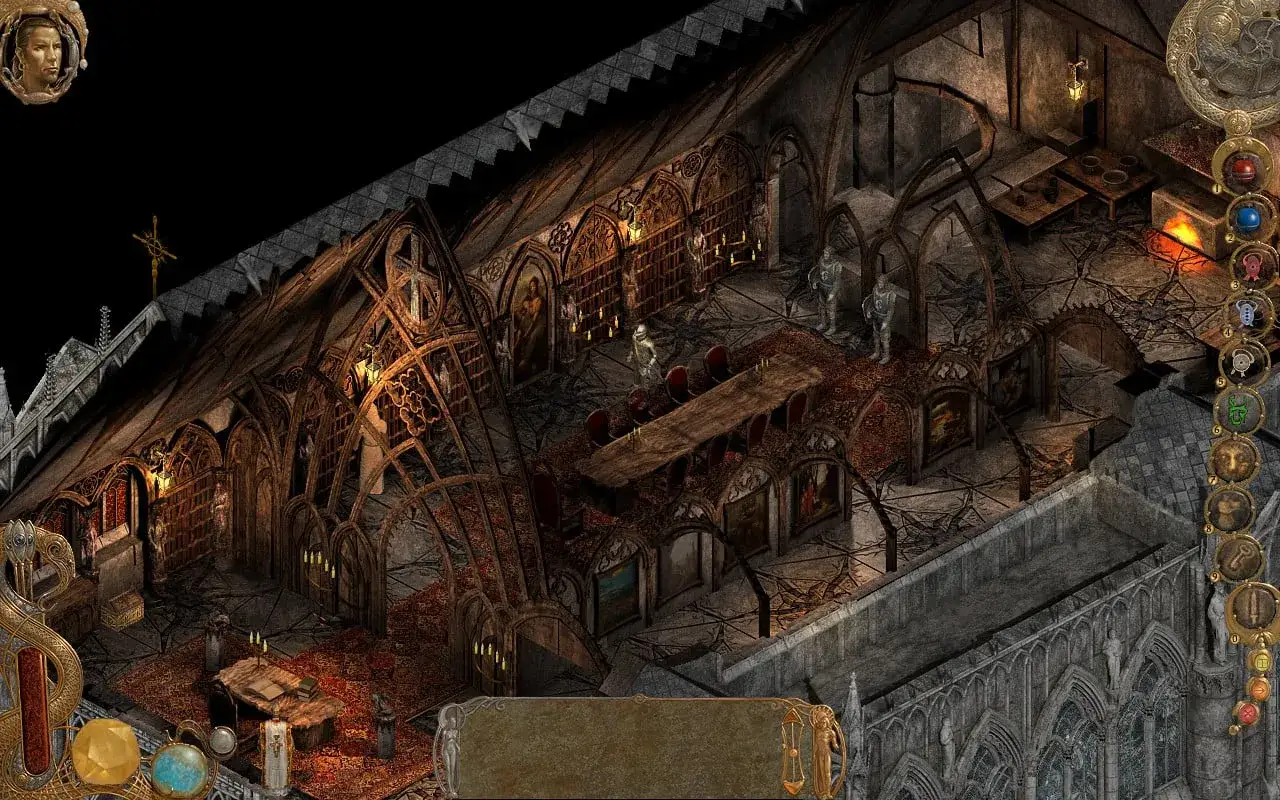 Interior g&oacute;tico con armaduras y un retrato, evocando un ambiente de weird west.