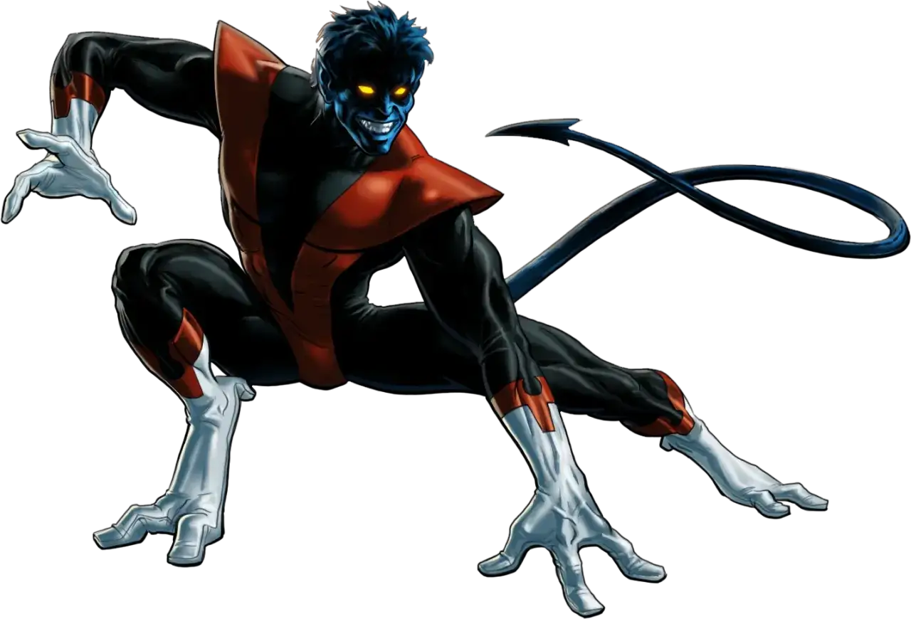 El rondador nocturno, con su piel azul y ojos amarillos brillantes, se agacha listo para la acci&oacute;n. Su cola larga y su traje negro y rojo lo hacen inconfundible.