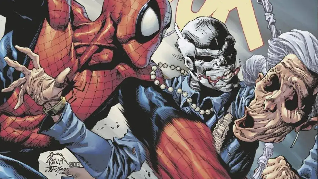 Amazing Spider-Man cómic: Spider-Man lucha contra villanos grotescos con rostros de calavera y perlas.