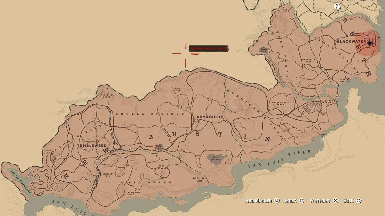 Mapa de Red Dead Redemption 2 con un marcador 
