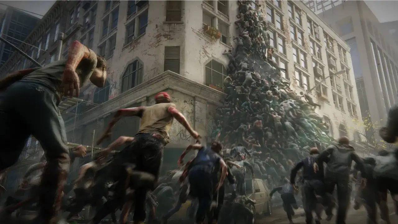 Una horda de zombis escala un edificio en una escena apocal&iacute;ptica, evocando la intensidad de Guerra Mundial Z 2.