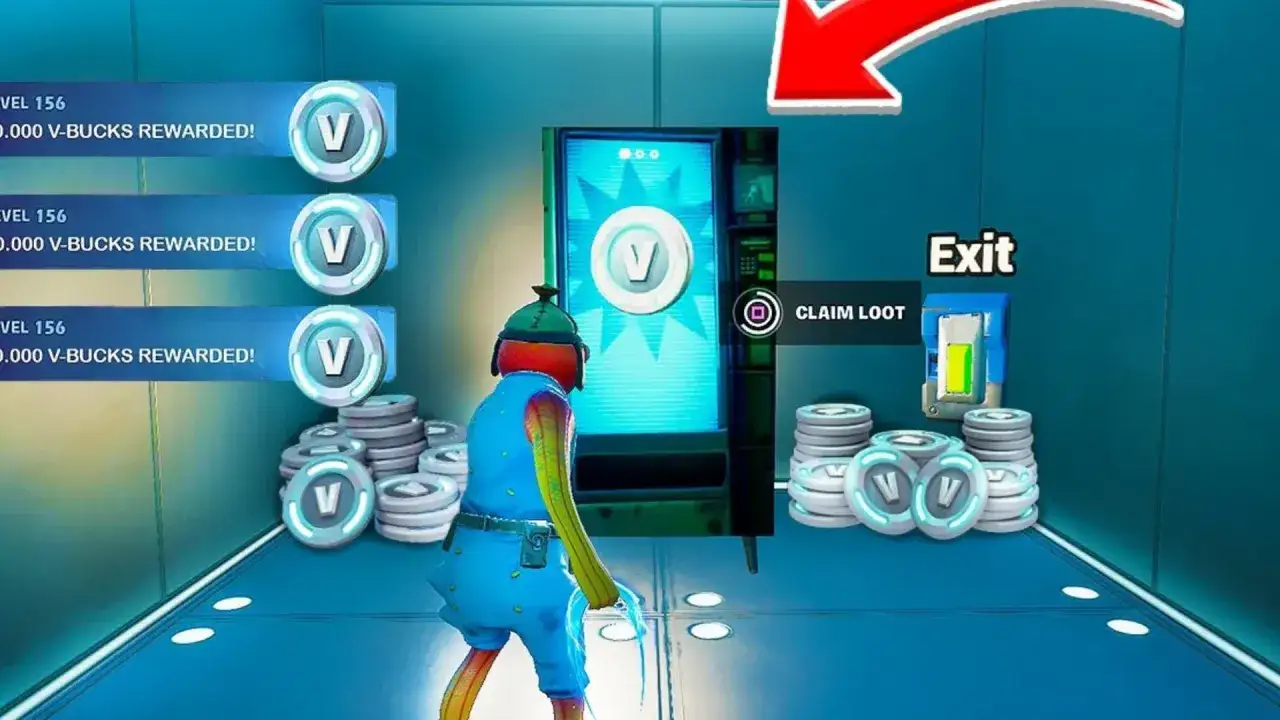 Personaje de Fortnite reclamando V-Bucks en la nueva temporada. &iexcl;Nivel 156 recompensado!