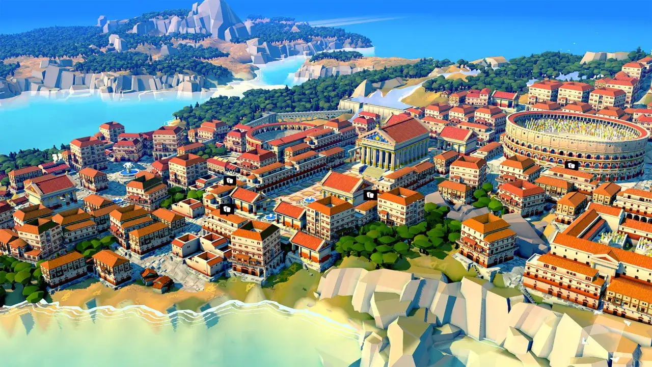 Ciudad antigua con coliseo y edificios, ideal para juegos de construcci&oacute;n pc.