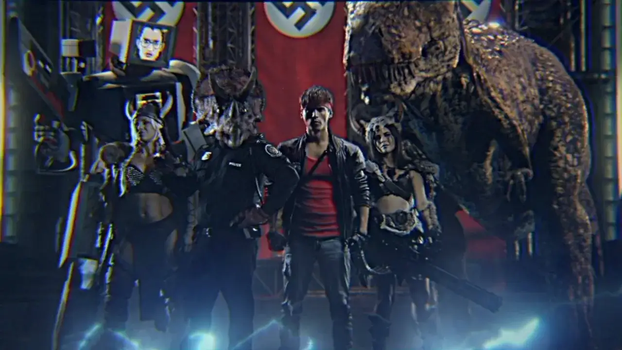 Un polic&iacute;a con cabeza de triceratops, un hombre con chaqueta de cuero y una guerrera junto a un dinosaurio imponente. &iexcl;La acci&oacute;n de Kung Fury 2 se desata!