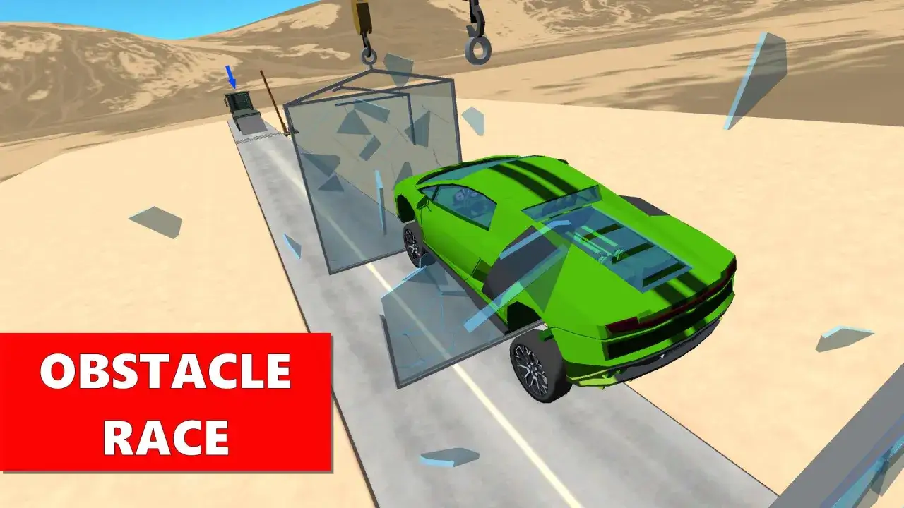Un coche verde deportivo atraviesa un muro de cristal en una carrera de obst&aacute;culos. &iexcl;Siente el rumble rush!