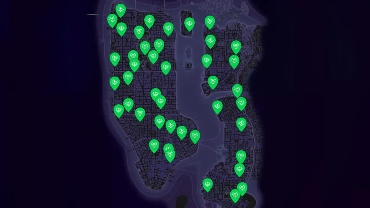 Mapa de Nueva York con marcadores verdes de spiderbots para Spider-Man 2.