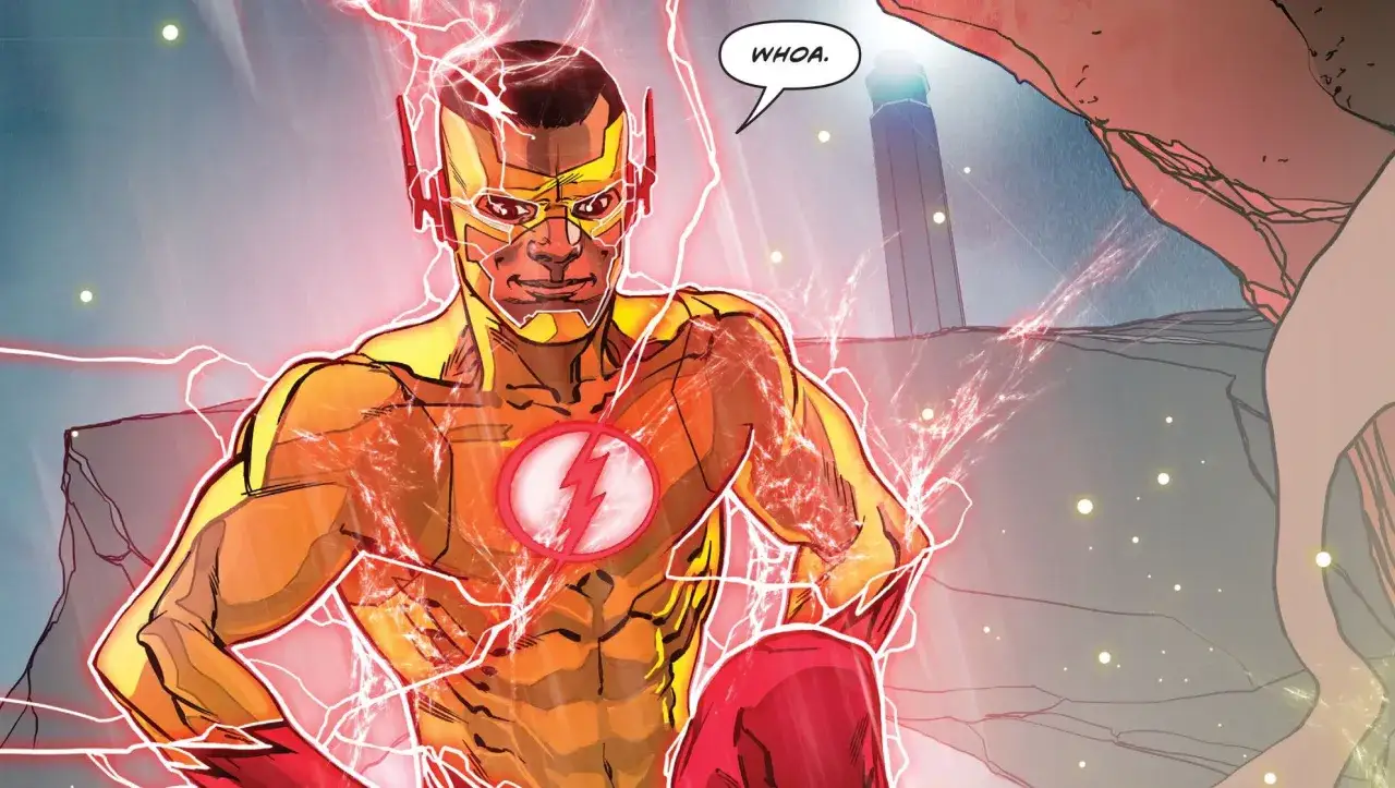 Wally West, el Flash, rodeado de energ&iacute;a carmes&iacute;, exclama 