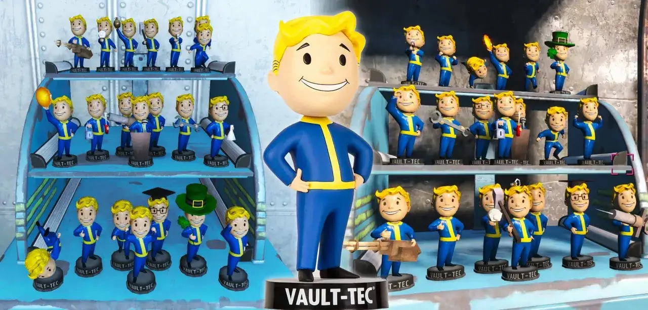 Colecci&oacute;n de cabezones de Fallout 4, con el personaje principal sonriente y varios Vault Boy en diferentes poses y con objetos.