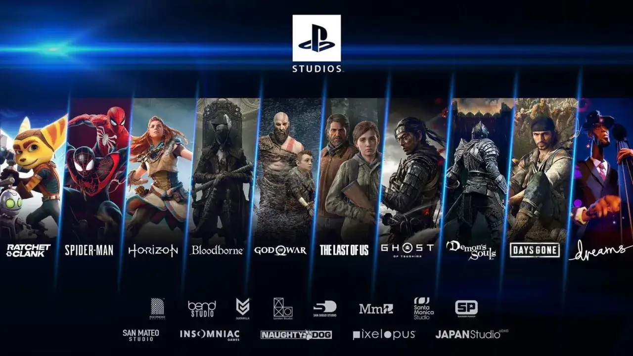 Personajes de Ratchet & Clank, Spider-Man, Horizon, Bloodborne, God of War, The Last of Us, Ghost of Tsushima, Demon's Souls, Days Gone y Dreams, mostrando los juegos exclusivos de PS5.