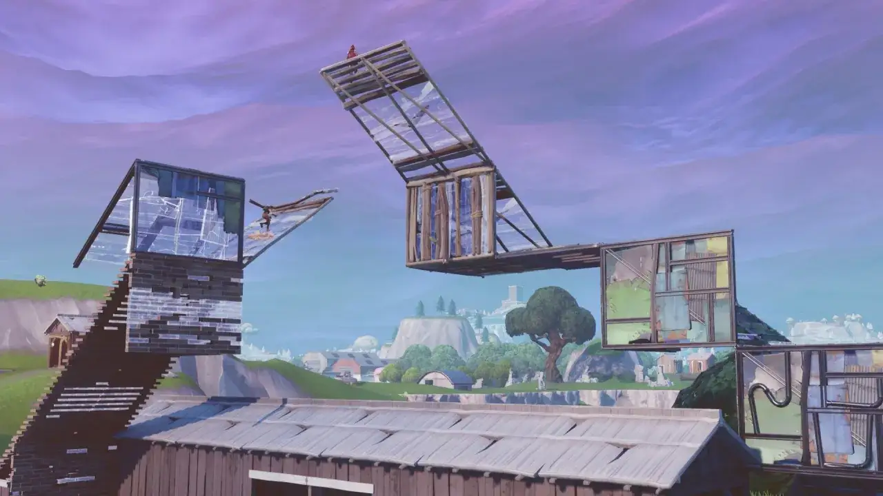 Estructuras de madera y cristal en el aire, perfectas para trucos para Fortnite.