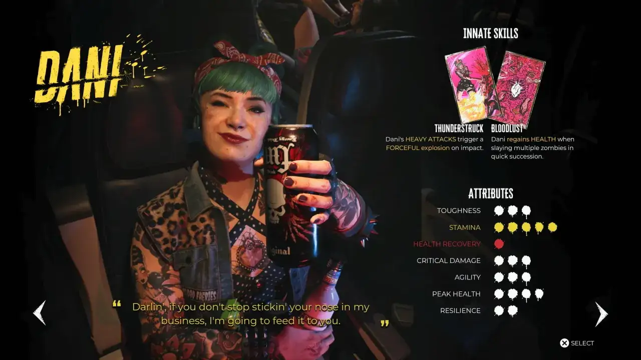 Dani, personaje de Dead Island 2, con lata de bebida. Gu&iacute;a de habilidades y atributos.