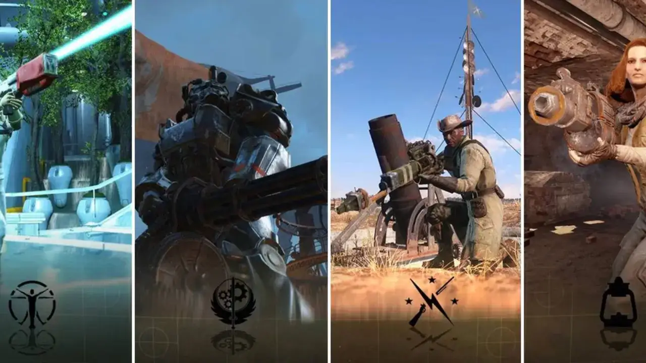 Cuatro escenas de Fallout 4: un personaje con un arma l&aacute;ser, un soldado en armadura de poder, un hombre operando un mortero y una mujer con un arma improvisada.