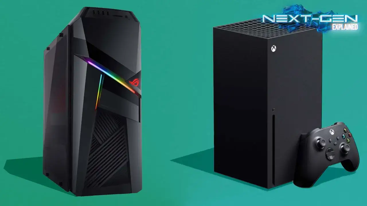 Comparativa de gaming: PC de alto rendimiento junto a la nueva Xbox Series X y su mando.