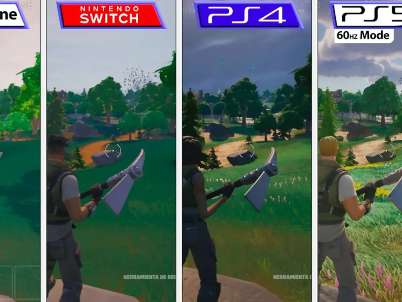 Comparativa de Fortnite en Switch, PS4 y PS5. Los requisitos gr&aacute;ficos var&iacute;an, mostrando la diferencia visual entre consolas.