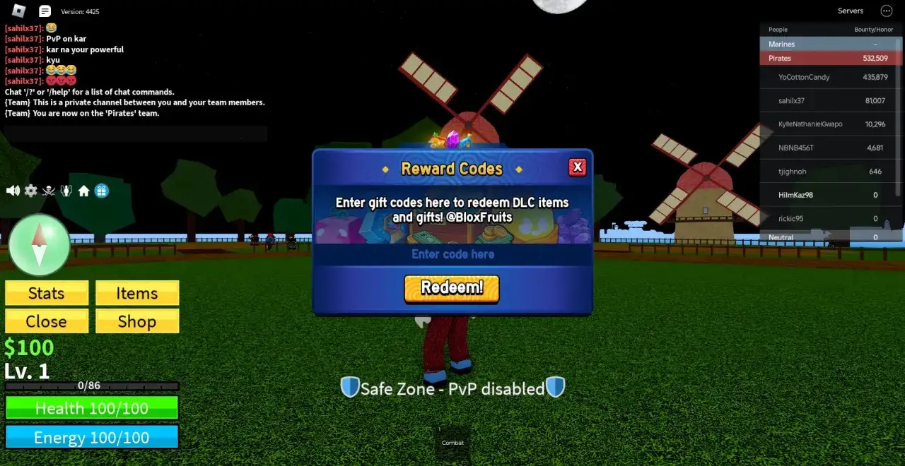Ventana de c&oacute;digos de Blox Fruits para canjear &iacute;tems y regalos.