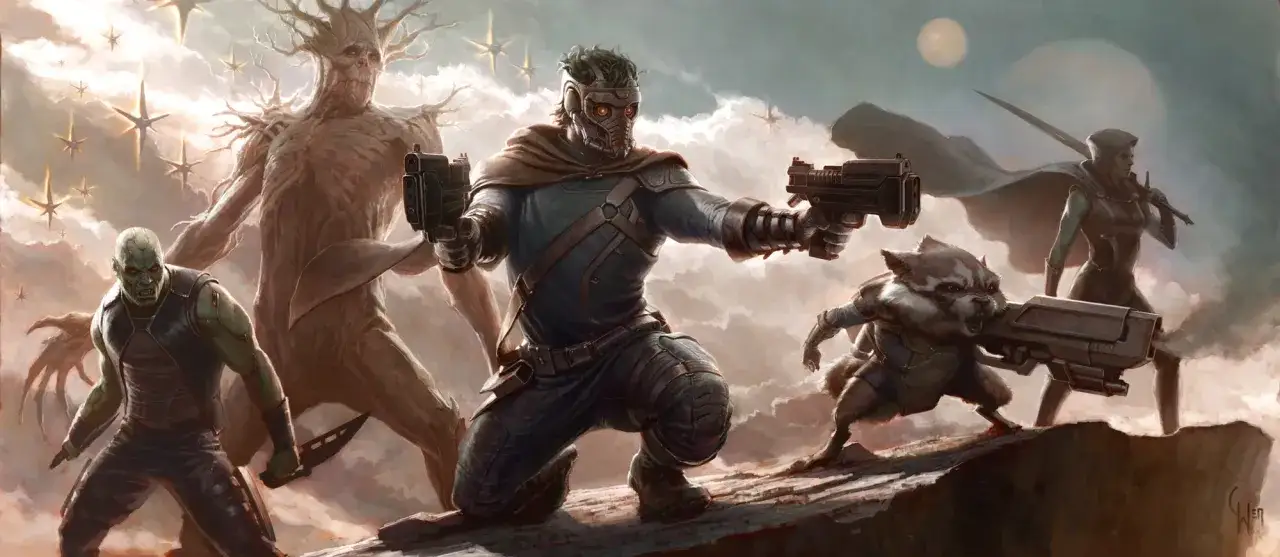Los guardianes de la galaxia 4: Star-Lord, Groot, Drax, Rocket y Gamora listos para la acci&oacute;n en un paisaje alien&iacute;gena.