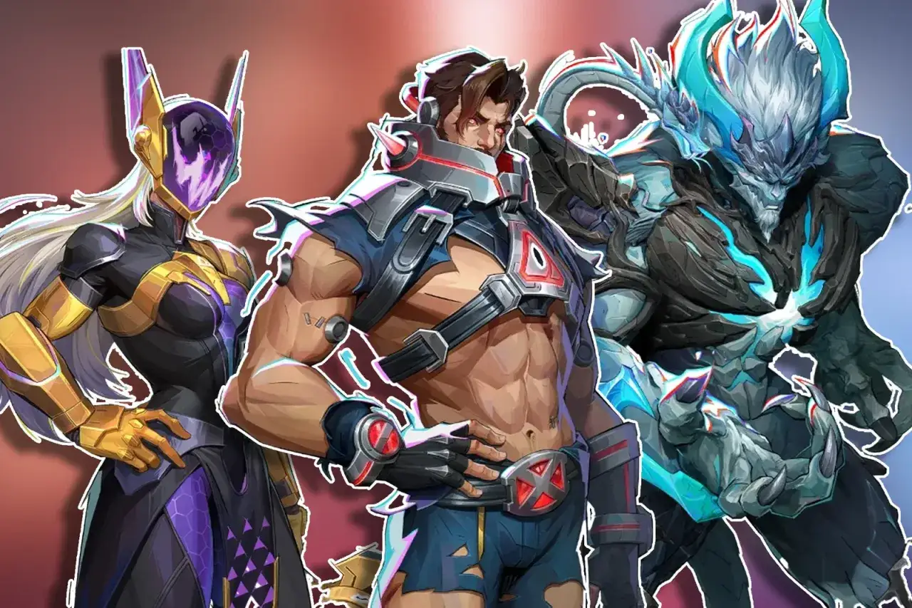 Personajes de Marvel Rivals: una mujer con armadura dorada y morada, un hombre musculoso con armadura plateada y un monstruo azul y gris. &iquest;Qui&eacute;n estar&aacute; en la cima de la marvel rivals tier list?