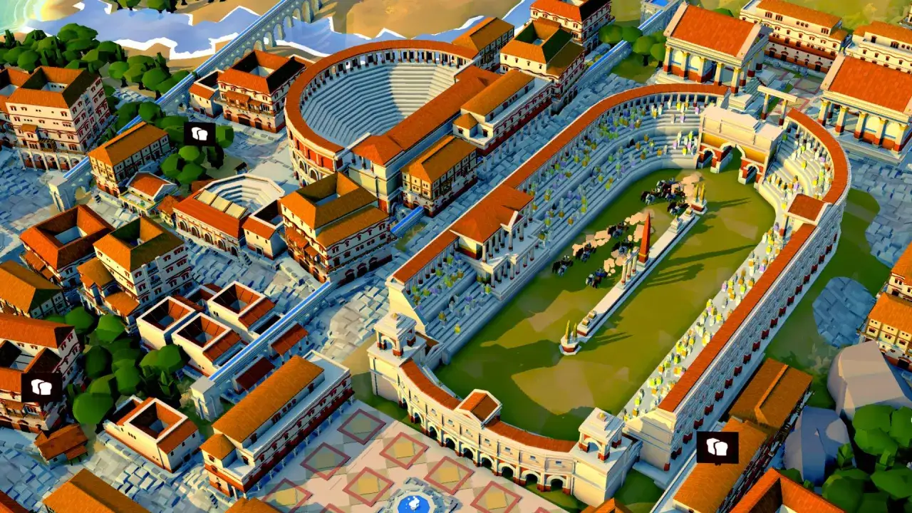 Vista a&eacute;rea de una ciudad romana con un coliseo y edificios circundantes. Carros compiten en la arena, anno 117 pax romana.