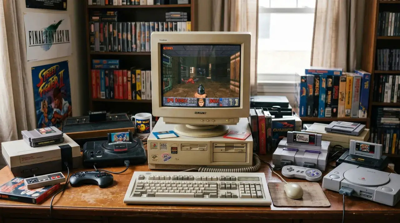 Un rinc&oacute;n nost&aacute;lgico con consolas y juegos antiguos de PC, incluyendo Doom en un monitor CRT. &iexcl;Un para&iacute;so para los amantes de los juegos retro!