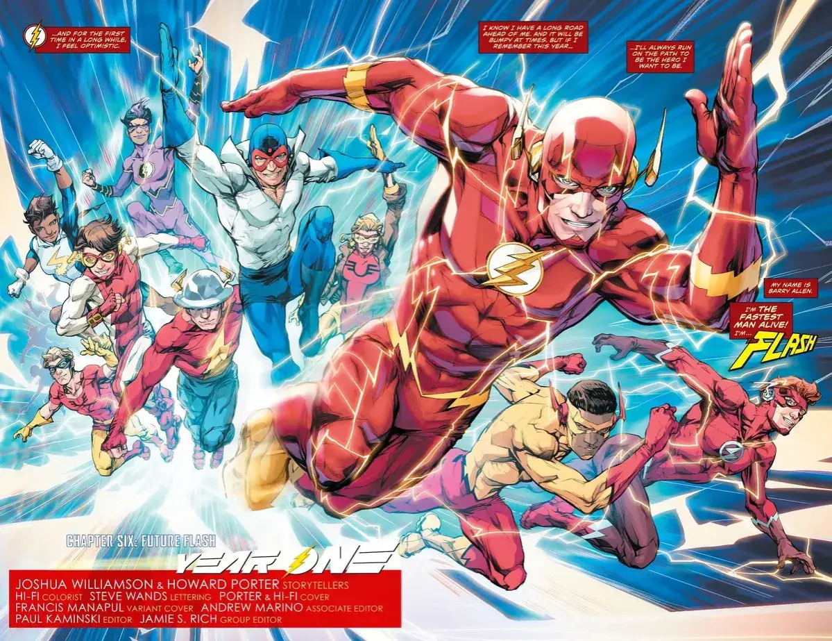 El Flash de DC Comics lidera un equipo de velocistas, todos corriendo a toda velocidad en un torbellino de energ&iacute;a.