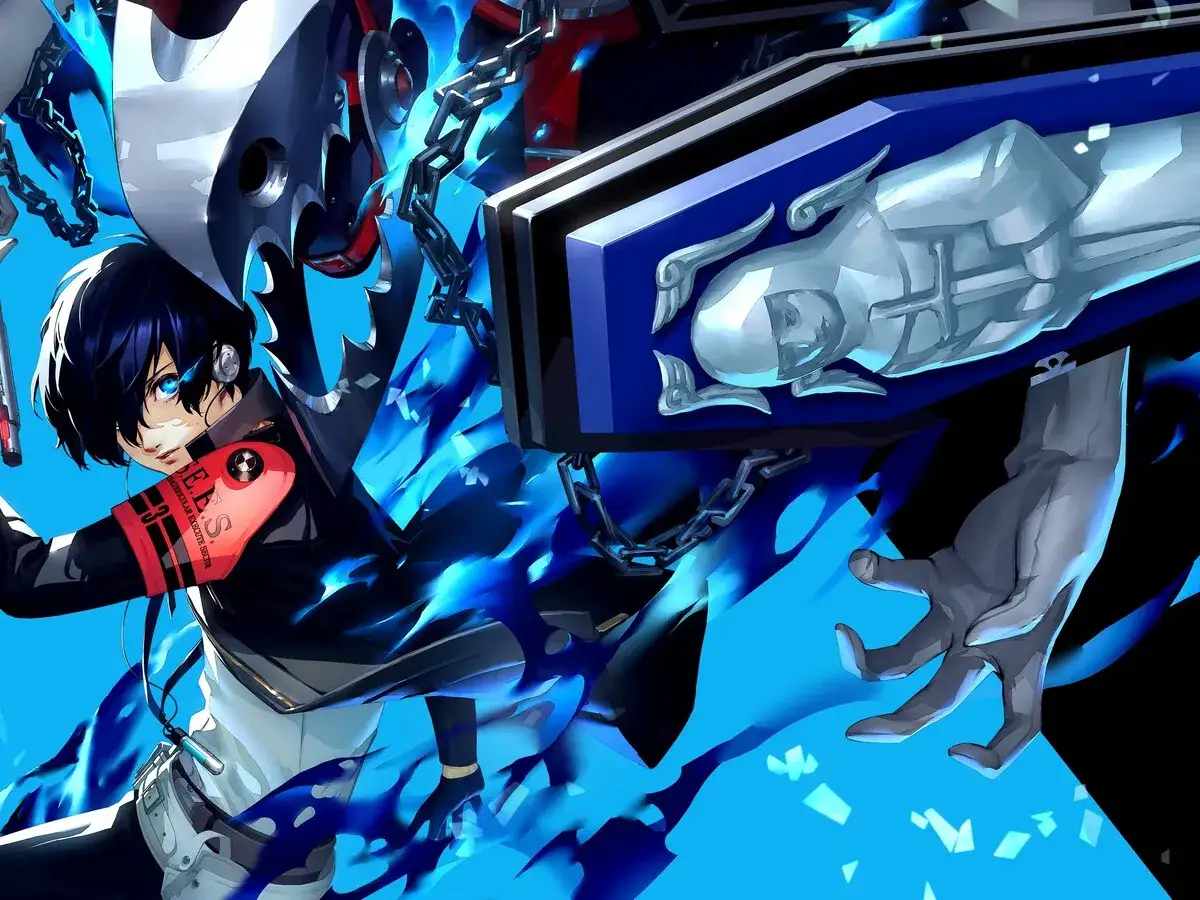 Protagonista de Persona 3 Reload rodeado de llamas azules, con un ataúd y cadenas.