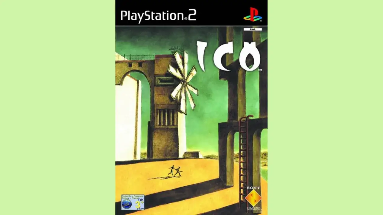 Portada del juego ICO para PlayStation 2, uno de los mejores juegos de PS2. Muestra una escena surrealista con dos figuras y una gran estructura arquitect&oacute;nica.