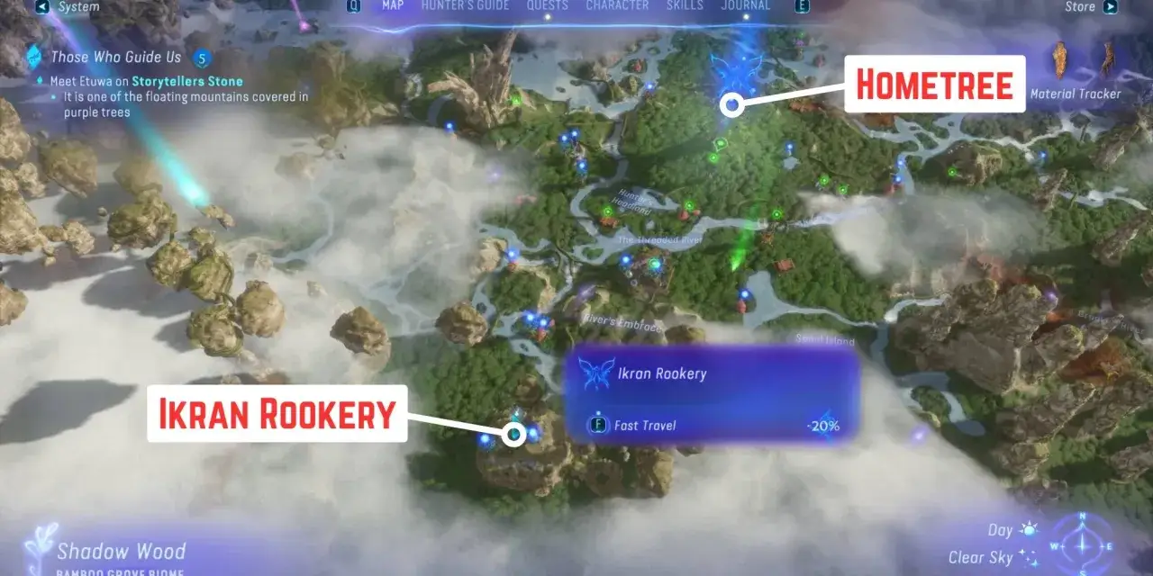 Mapa de Avatar: Frontiers of Pandora. Muestra la ubicaci&oacute;n de Hometree y Ikran Rookery, con puntos de inter&eacute;s y rutas.