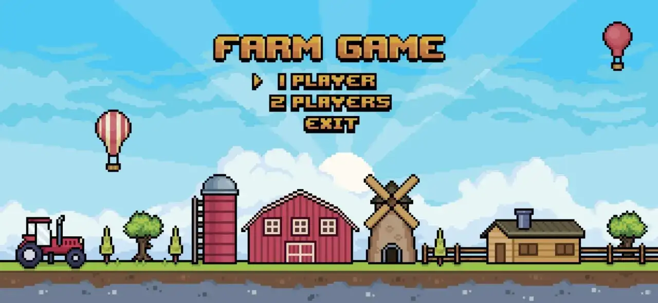 El juego de granja pixelado con un tractor, molino y graneros bajo un cielo azul con globos aerost&aacute;ticos. Un verdadero sun haven.