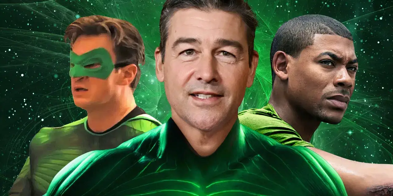 Tres hombres con trajes de Green Lantern, uno con máscara verde, otro sonriendo y el tercero con mirada seria.
