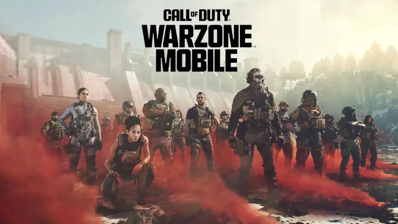 Un grupo de soldados se prepara para la acción en Warzone Mobile, rodeados de humo rojo y una imponente presa al fondo.