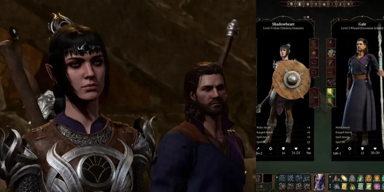 Personajes de Baldur's Gate 3, Shadowheart y Gale, con sus estad&iacute;sticas. Una gu&iacute;a visual para tu aventura.