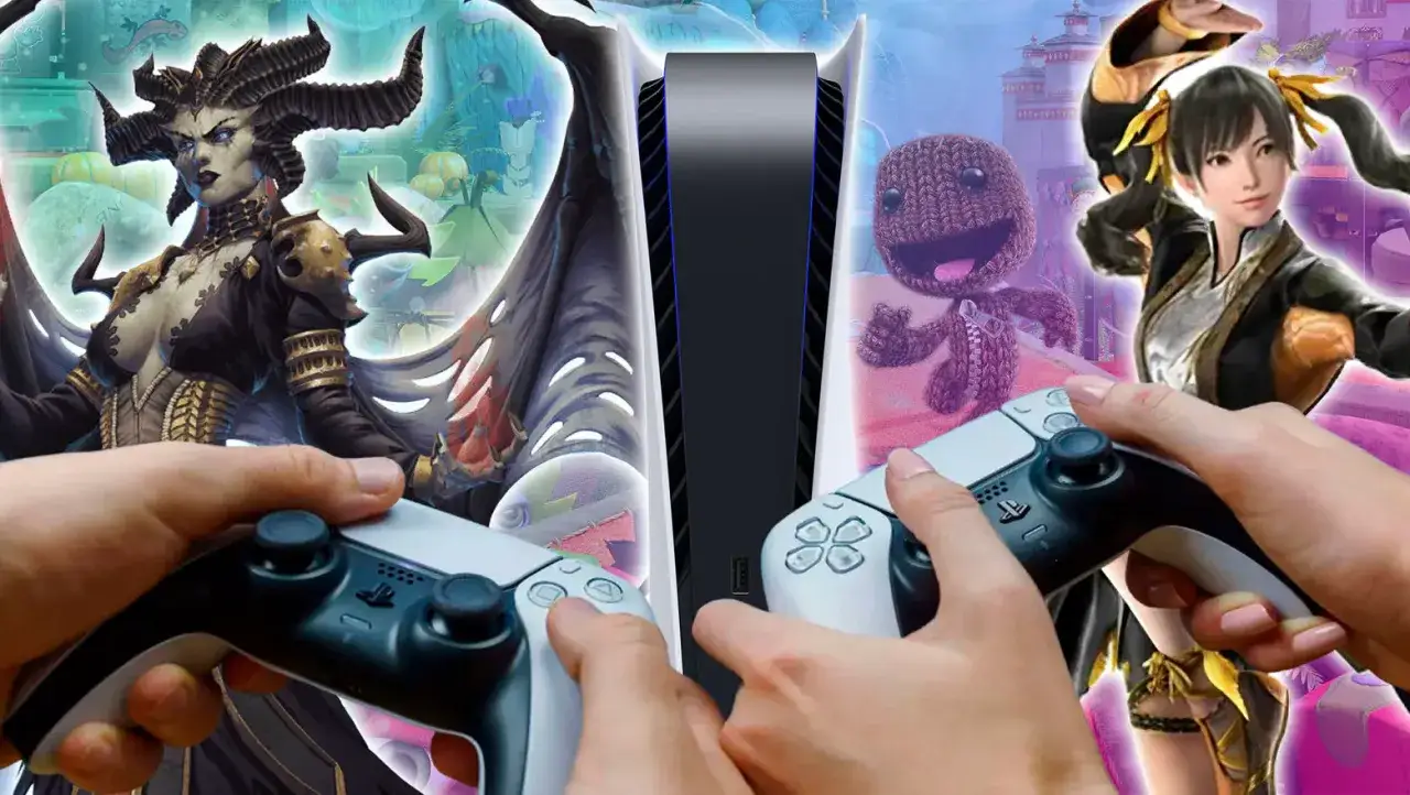 Manos sujetando mandos de PS5, listas para disfrutar de juegos cooperativos con personajes de fantas&iacute;a y aventura.