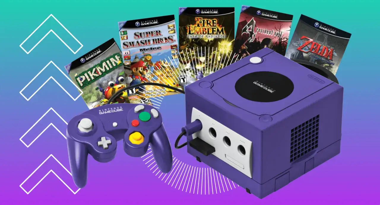 Consola morada GameCube con mando y car&aacute;tulas de Pikmin, Super Smash Bros. Melee, Fire Emblem, Resident Evil 4 y Zelda: Twilight Princess, los mejores juegos GameCube.